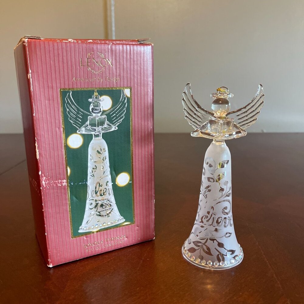 Lenox Glass Angel Ornament Wings & Frosted Joyous Tidings Series 6"